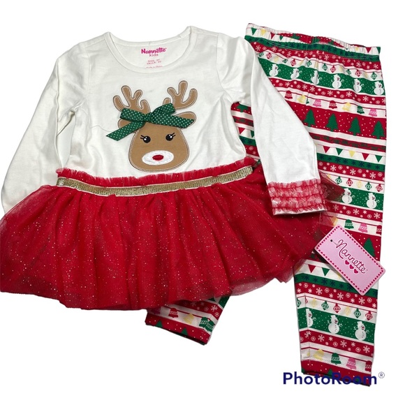 NWT Nannette reindeer appliqué tulle top with Christmas print leggings size 3T